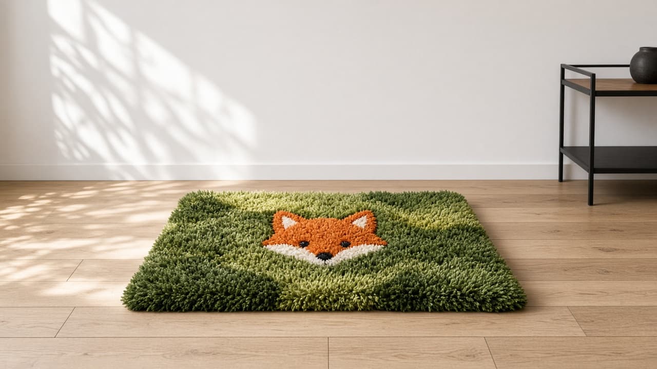 Hedge Fox, a green tufted rug with a fox face, in a sunlit room