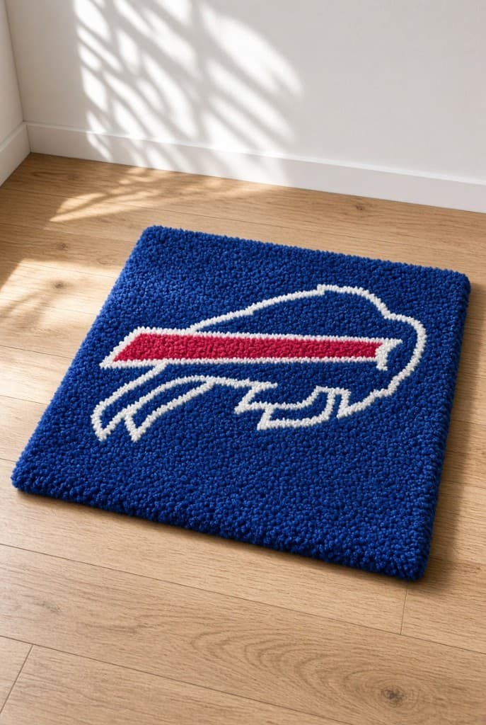 Buffalo Bills, a tufted rug on a wood floor