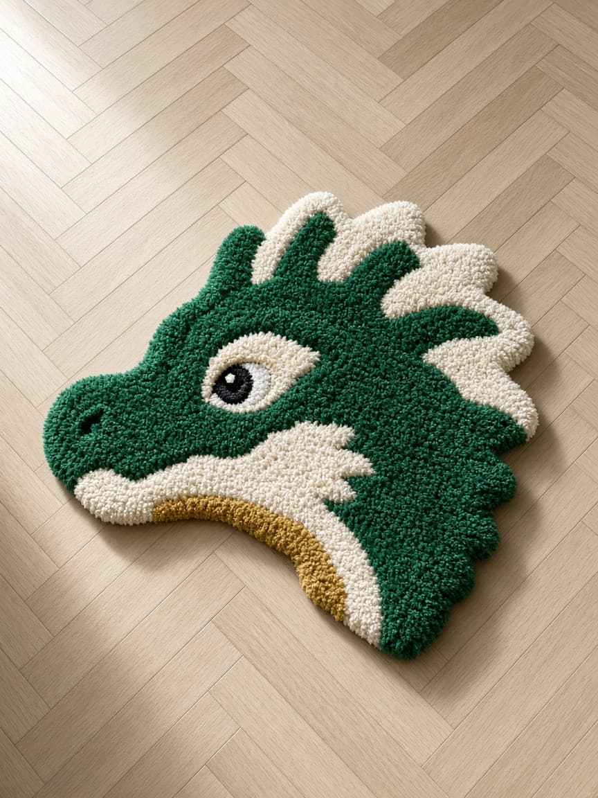 Emerald Drake, a tufted rug on a wood floor