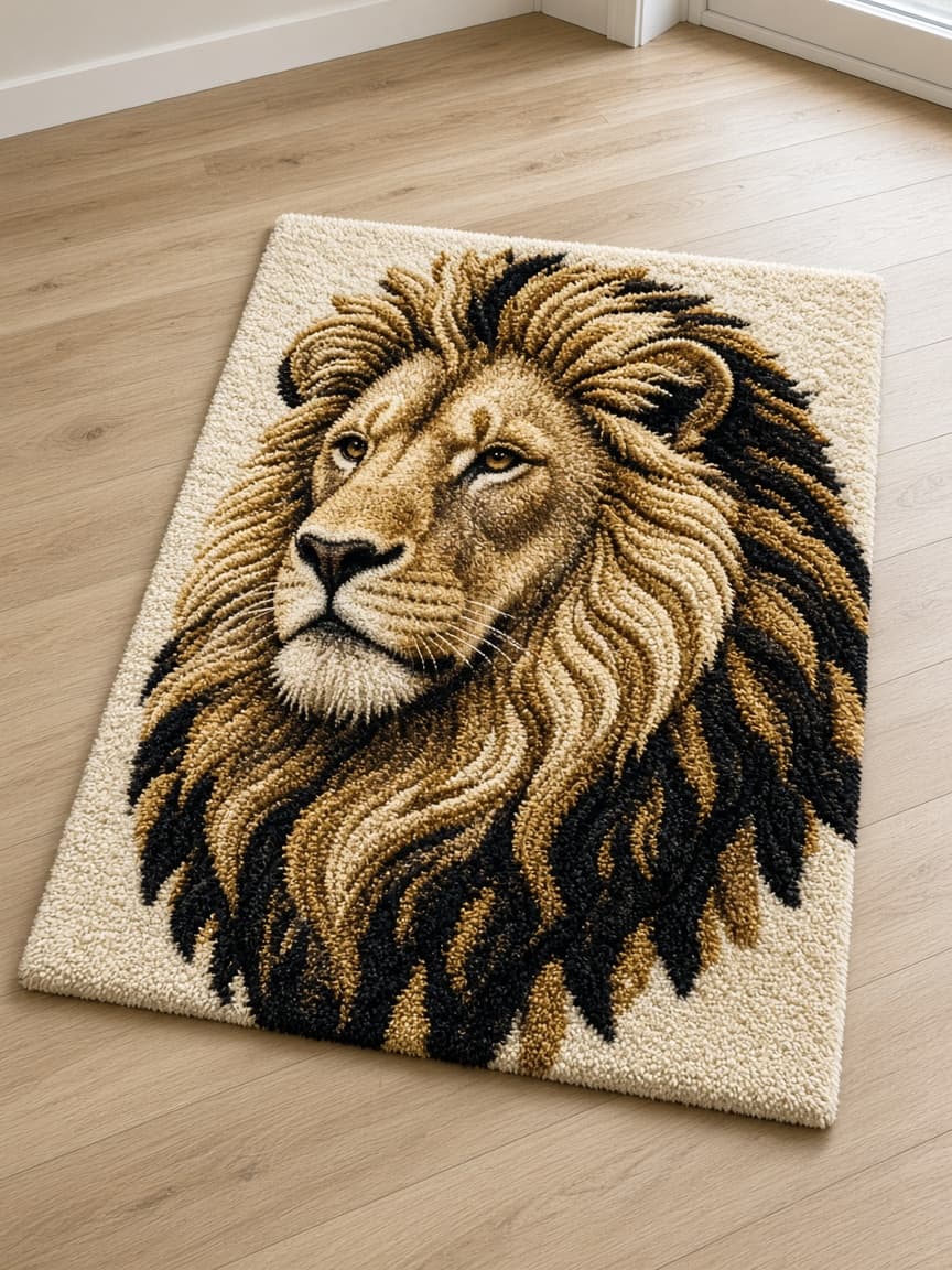Gilt Lion, a tufted rug on a wood floor