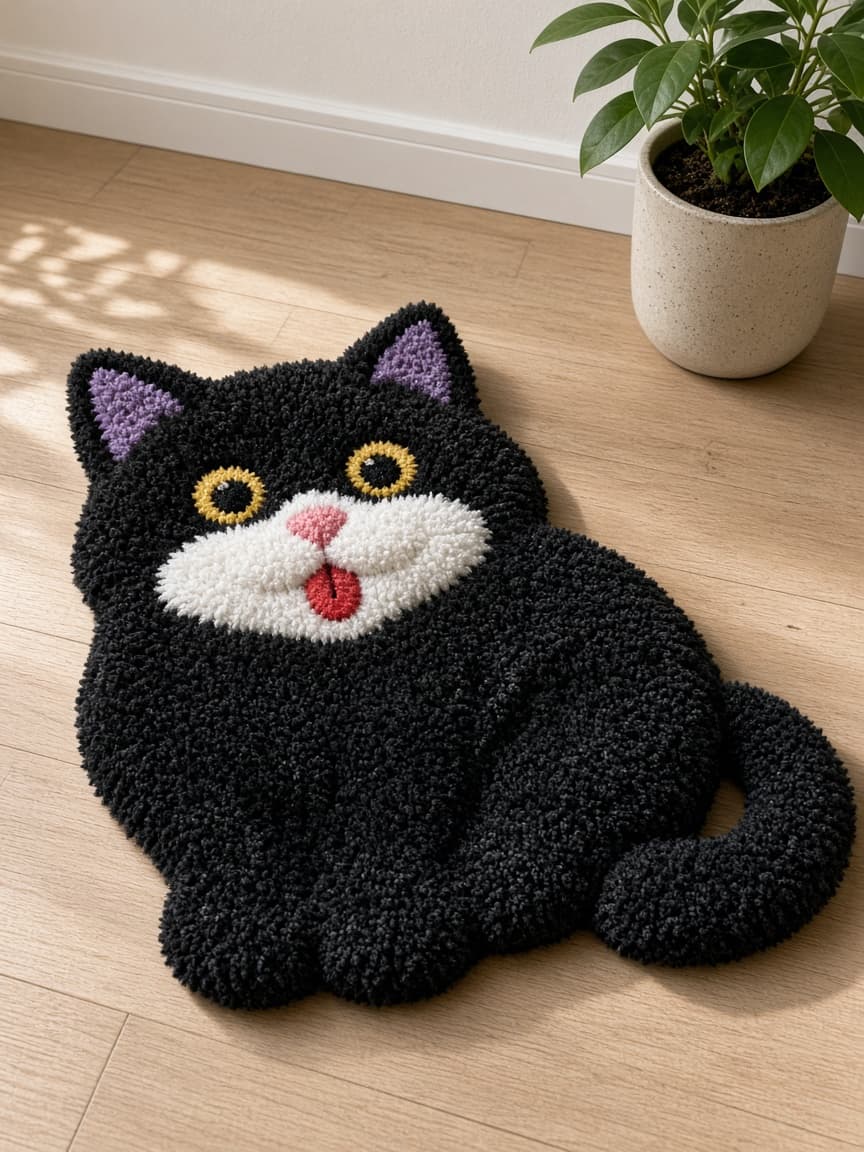 Ink Cat, a tufted rug on a wood floor