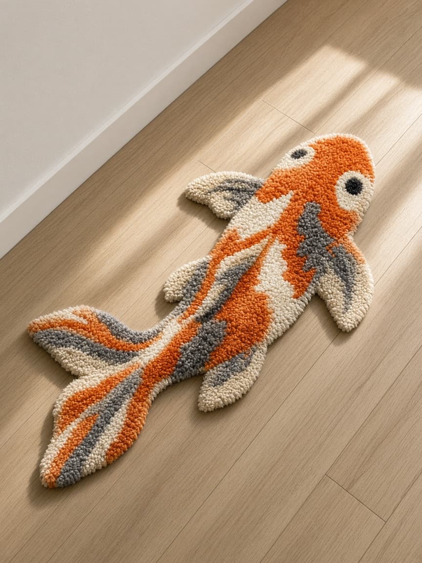 Koi Current, a tufted rug on a wood floor