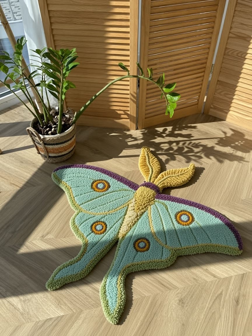 Luna Moth, a tufted rug on a wood floor