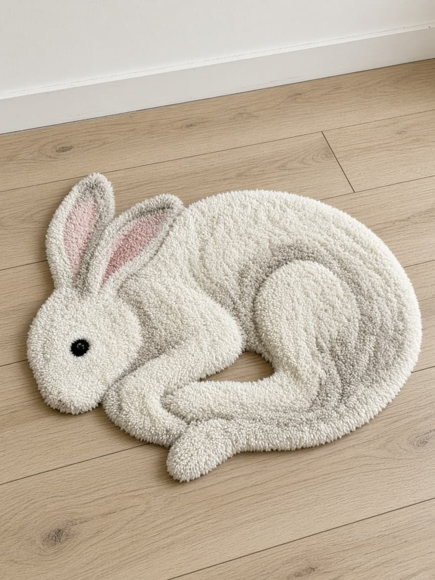 Moon Hare, a tufted rug on a wood floor