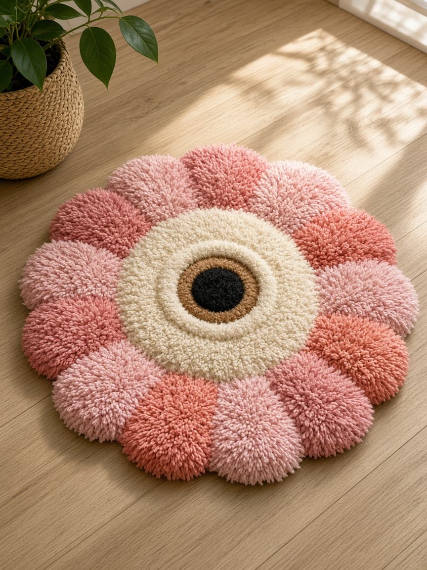 Petal Beast, a tufted rug on a wood floor