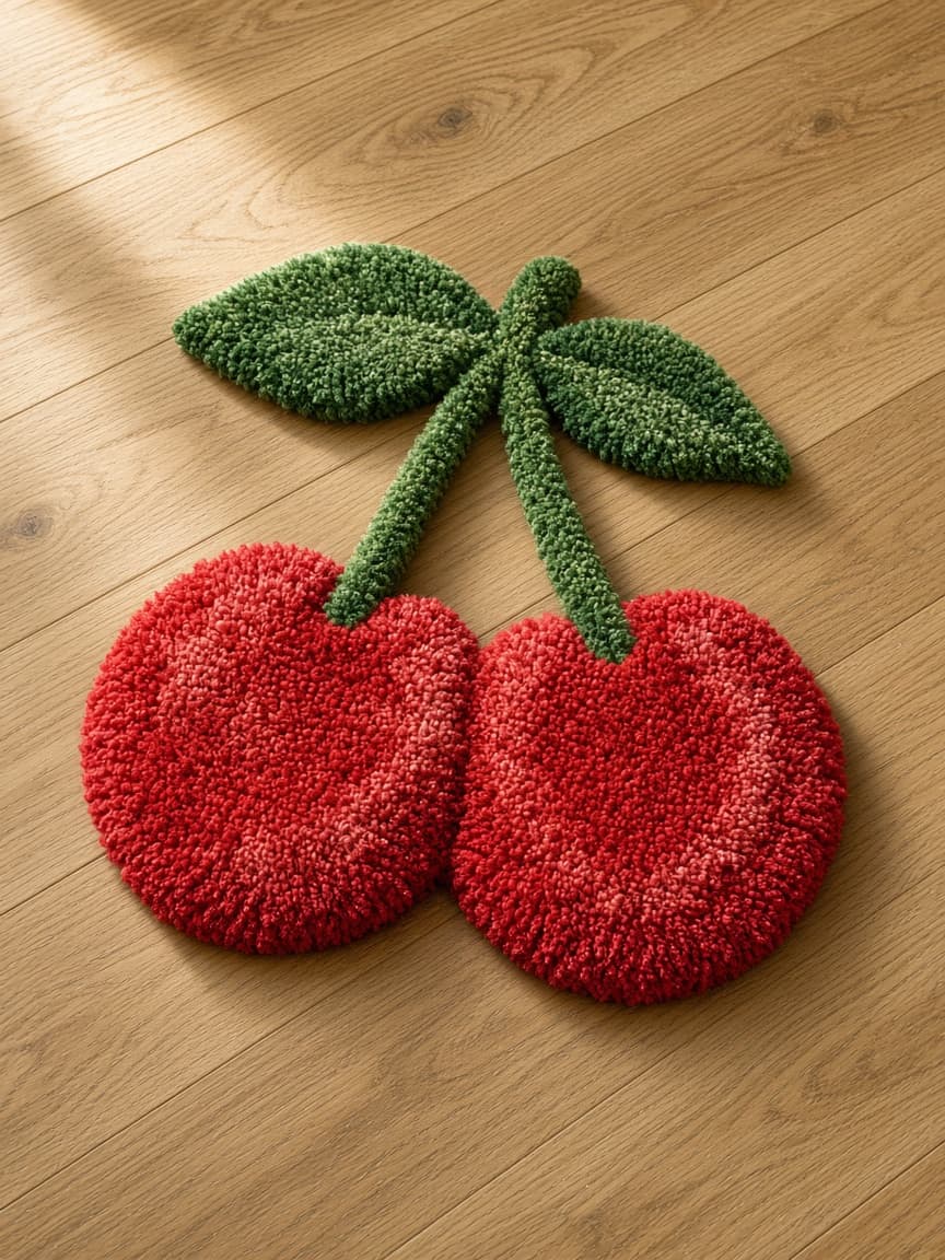 Twin Cherries, a tufted rug on a wood floor