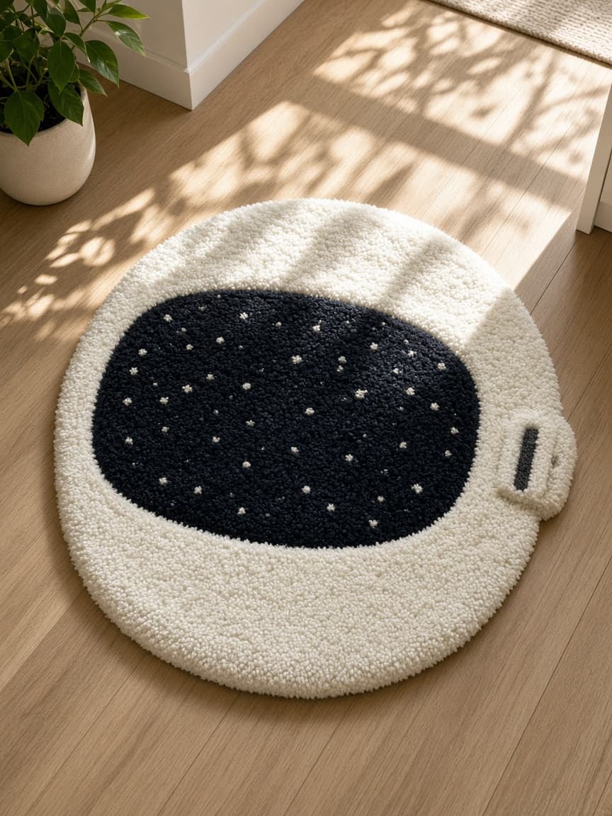 Visor, a tufted rug on a wood floor